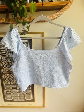 Light Blue Eyelet Sleeve Crop Top - Women